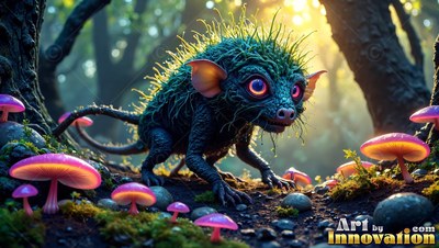 Crouching on the damp forest floor, a hairy teal critter creeps past pink mushrooms