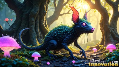 A mossy rodent creature creeps on a dirt path past bright pink mushrooms