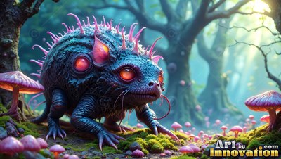 In a sunny forest, a spiny blue creature with red eyes walks among pink mushrooms