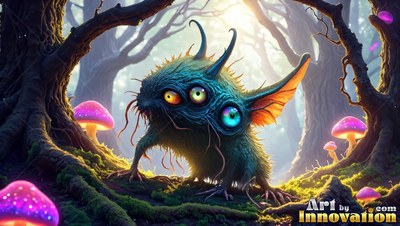 Creeping through bright pink mushrooms, a spiky blue creature stares ahead with three eyes