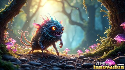 Small furry blue monster stands on a dirt path by mushrooms
