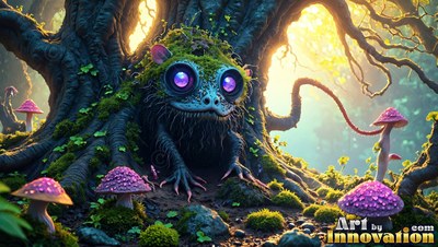 Purple eyes shine on a mossy critter crouched under tree roots by pink mushrooms