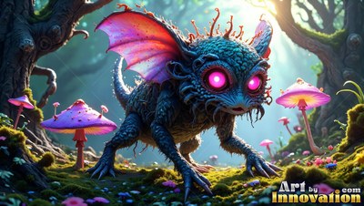 A small winged creature creeps through moss near pink mushrooms under warm sunlight