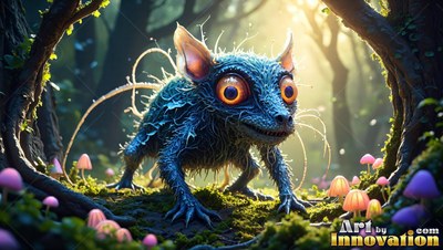 Crouching low on mossy ground, a blue fuzzy creature with big orange eyes looks ahead