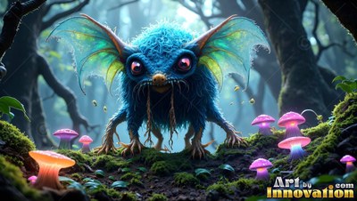 A fuzzy blue critter with wings stands on moss near pink mushrooms