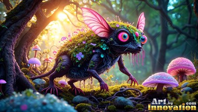 In a sunlit forest, a small mossy creature with pink ears walks past mushrooms