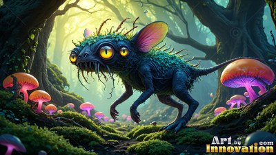 Walking through a dark forest, a spiky blue critter steps past bright pink mushrooms