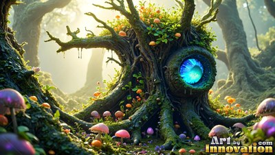 A mossy tree trunk creature with one blue eye in a mushroom forest
