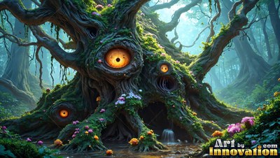 Bright orange eyes peer from the mossy bark of an ancient tree creature in a sunlit forest