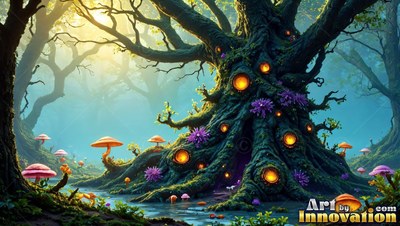 A mossy hollow tree spreads its roots past pink mushrooms under pale green sunlight