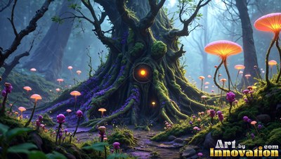 Rooted low in a dark forest, an old mossy tree shines light from its hollow trunk