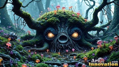 A mossy tree root monster sits among pink mushrooms with bright yellow eyes