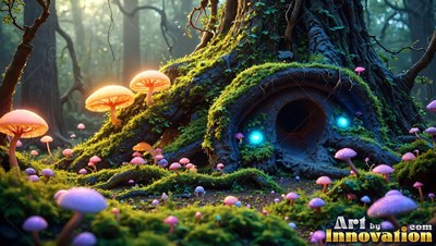 In a mossy forest, a hollow tree root forms a burrow lit by blue lights