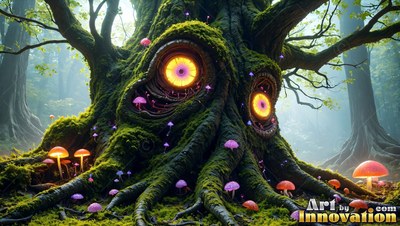 Staring outward, a mossy tree creature watches the forest with two bright yellow eyes