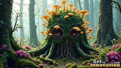 A round green moss creature with orange mushrooms sits in a foggy woods