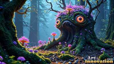 Orange round eyes stare from a mossy tree monster sitting in a dark forest surrounded by purple mushrooms