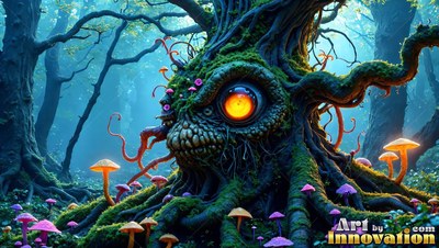 A mossy tree monster stares ahead with one bright orange eye beside pink mushrooms