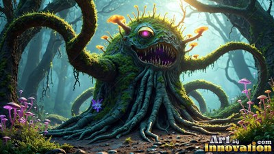 Sitting in a foggy forest, a green moss monster spreads its thick root tentacles