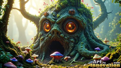 A mossy green tree monster with round orange eyes sits among colorful forest mushrooms
