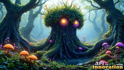 In a mossy forest, a rooted tree creature with bright yellow eyes rests near mushrooms