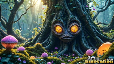 Staring ahead with large yellow eyes, a tree creature sits in mossy woods