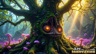 Old mossy tree with a face surrounded by pink mushrooms in sunlight