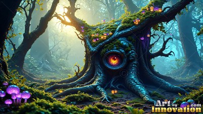 A single orange eye sits in the trunk of a tree creature in a bright forest with purple mushrooms