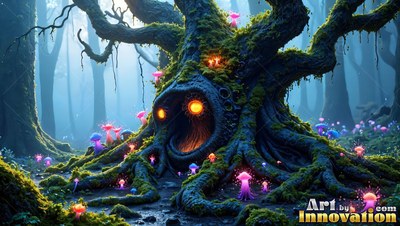 A mossy tree with a face opens its hollow mouth, bright orange light shining in its eyes