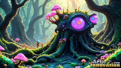 Crouched low in a forest, a mossy tree critter rests with bright pink eyes