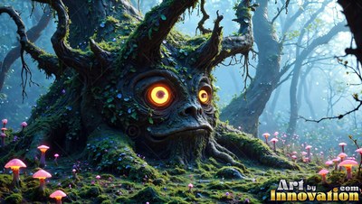 A mossy tree creature with round yellow eyes sits in a foggy forest by pink mushrooms