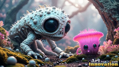 On the mossy forest floor, a bumpy white creature crouches beside a fuzzy pink critter