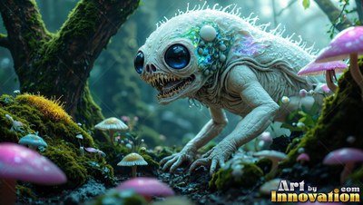 Crawling on mossy ground, a pale spiny critter with huge eyes creeps past pink mushrooms