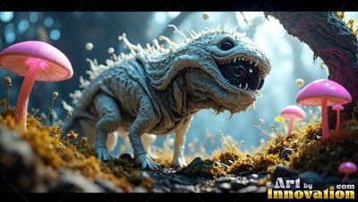 Pale spiny lizard creature opens its mouth by pink mushrooms
