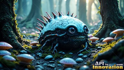 Spiny blue shell on a round insect creature resting among small mushrooms in a forest