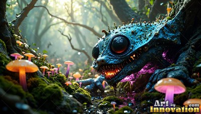 A spiny blue creature crawls near moss past mushrooms lit with purple light