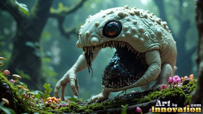 Crouching on moss, a pale bumpy monster opens its toothy mouth