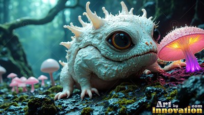 A spiky white creature rests on moss near a bright pink mushroom in the woods