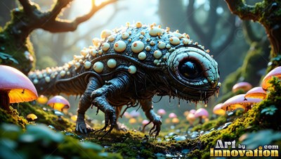 In a mossy woods, a small lumpy lizard with huge eyes crawls past pink mushrooms