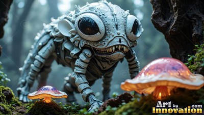 Crawling through moss, a pale spiny critter sneaks past two lit mushrooms