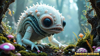 A spiky pale lizard creature crouches near tiny pink mushrooms