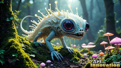 Spiny pale scales cover a small lizard crawling on moss beside pink mushrooms
