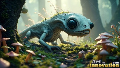 A pale lizard crawls through tiny mushrooms on the forest floor under soft green light