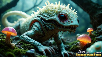 Crawling low in the mossy forest, a spiny pale lizard creeps by pink mushrooms