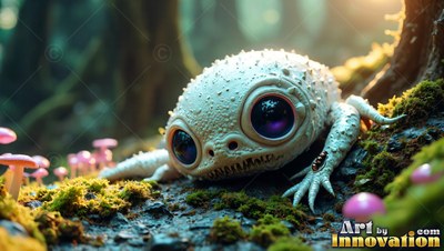 A pale spiky frog with big dark eyes rests on moss by small pink mushrooms