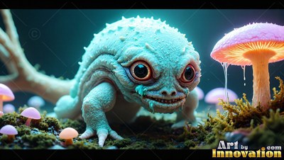 On a dark mossy ground, a spiny blue creature crawls by pink mushrooms