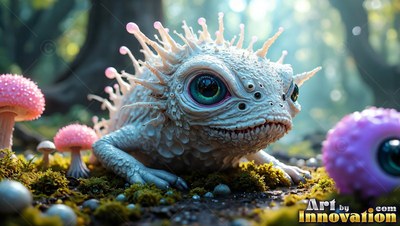 Crouching on moss, a pale spiny critter looks ahead beside small pink mushrooms