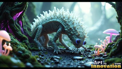 A spiny lizard-like creature walks on moss near pink mushrooms