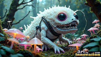 With spiky white skin, a small monster crawls on moss beside bright pink mushrooms
