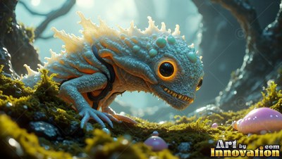 A spiny blue lizard crawls over dark moss near pink mushrooms in pale sunlight