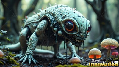 Crouched low on the mossy forest floor, a pale lizard creature stares ahead